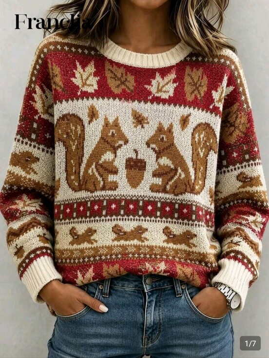 Sweaters - Cozy Squirrel Fair Isle Sweater - Red & Cream